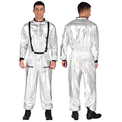 Men's Astronaut Spaceman Costume Metallic Coverall Space Suit Jumpsuit Dress Up • £13.24