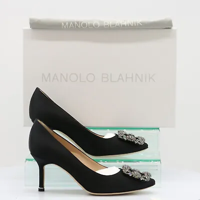 Manolo Blahnik Hangisi 70 Women Satin Crystal Court Uk 2 Eu 35 Black Rrp £795 Ja • £338.84