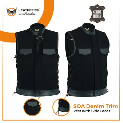 Leatherick Men's SOA Black Denim Leather Vest Motorcycle Bikers Club Gun Pockets • $39.99