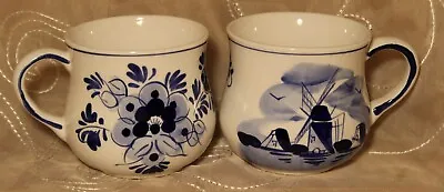 Delft Blue 2x Mugs Cups Windmill Scene Blue & White Flowers 3  Hand Painted • $10.99