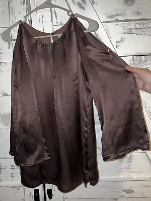 Milly New York Sz 8 Silk Cold Shoulder Open Sleeve Brown Blouse Gold Accent • $31.20