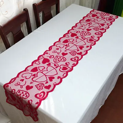 33x183cm Red Love Heart Lace Table Runner Valentine's Day Wedding Party Decor • £5.39