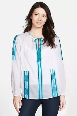 NEW MICHAEL Kors White/Cinnabar Embroidered Split Neck Tassel Top - $120 • $24.99