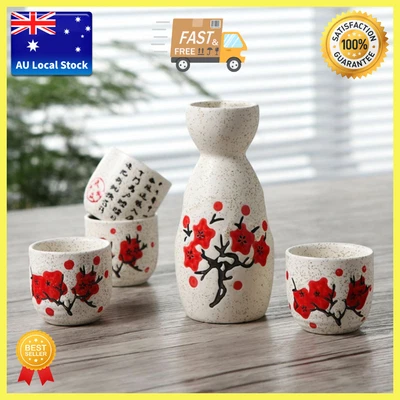 [4x]Japanese Traditional Sakura Patterned 5 Piece Sake Set 1 Bottle 4 Cups Gift • $149.95