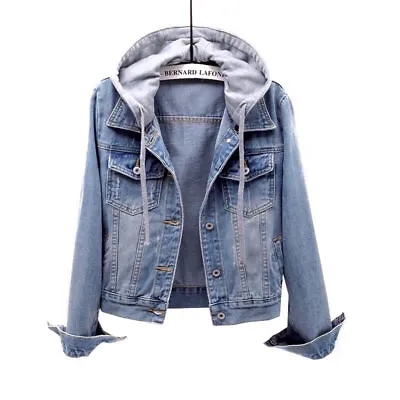 Women Casual Long Sleeve Denim Jacket Coat Hoodies Outwear Hooded Blue Jeans Top • £17.29