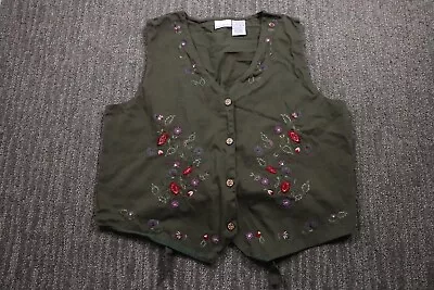 Vintage 90's Vest Floral Embroidered Green Women Large Wood Button Cottage Core • $26.77