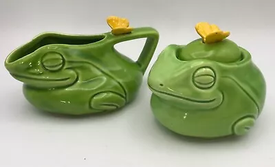 Vintage Enesco Ceramic Green Frog And Yellow Butterfly Creamer & Sugar ~ Japan • $19.99