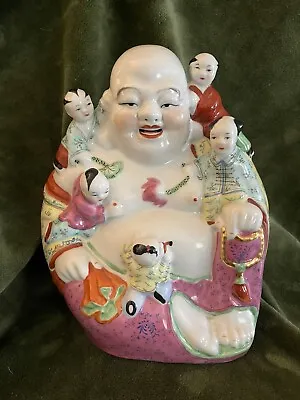 LARGE 11” Chinese Famille Rose Happy Laughing Buddha Statue With 5 Children • £403.82