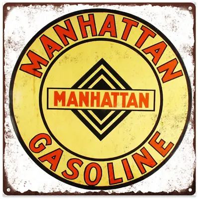 Manhatten Gasoline Metal Sign Ad Repro Gas Pump Garage Shop 12x12  60200 • $28.95