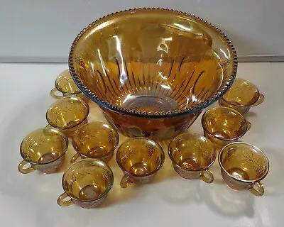 Vintage Indiana Iridescent Carnival Glass Marigold Punch Bowl Set 10 Grape Cups  • $30