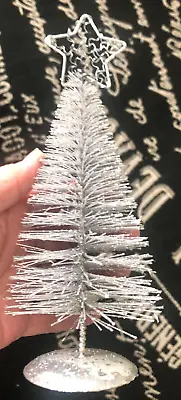 Vtg Tin Metal Wire Xmas 8.5  Silver Glitter Bottle Brush Tree Star Figurine A • $12.94