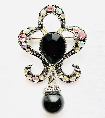 VTG Fleur De Lis Brooch Hat Scarf Pin Aurora Borealis Rhinestone Glam Jewelry • $9.38