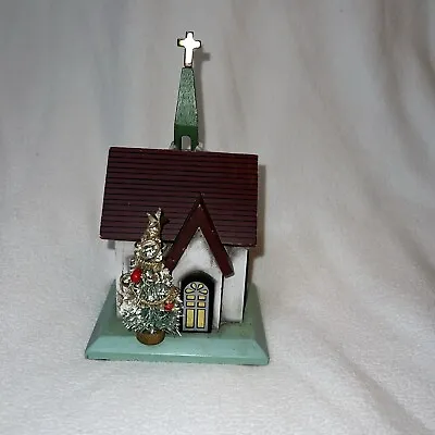 Vtg 1986 Enesco Wooden Musical Church Decoration Silent Night Bottle Brush Trees • $10.24