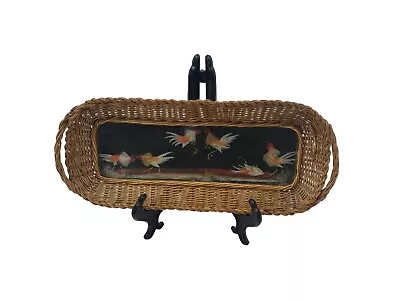 Vintage Mexican Feathercraft Bird Scene Wicker Woven Handled Folk Art Tray • $11.96