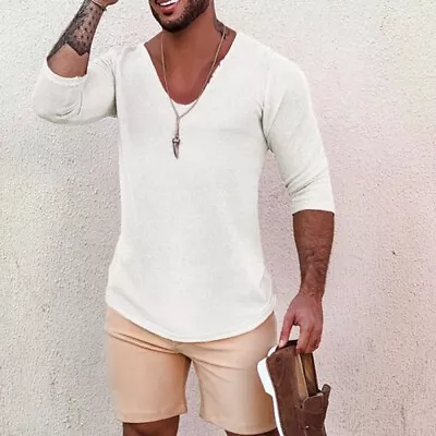 Men Loose Casual Deep V-Neck Short Sleeve Thin Style Mid-Sleeve T-Shirt Top Vest • $20.40