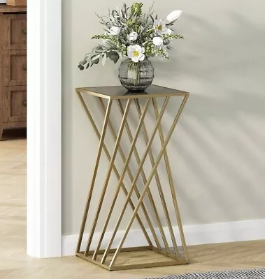 Golden Metal Sofa Side Table With Glass Top | Bedside End Telephone Coffee Table • £79.99