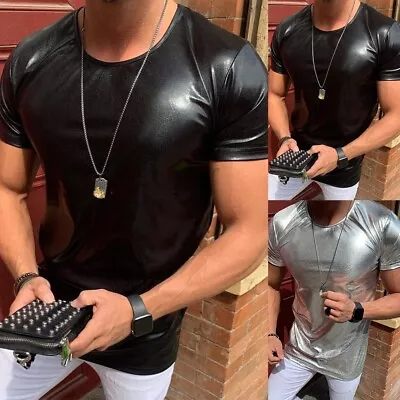 Mens Slim Fit Latex Leather T-shirt Sports Muscle Blouse Top Stage Clubwear Tees • £20.82