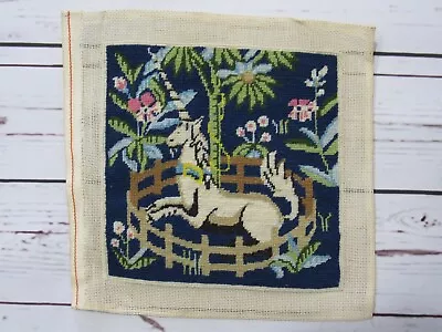 Vintage Completed Needlepoint Canvas Jacobean UNICORN 9x9-1/2  Pillow Front • $30