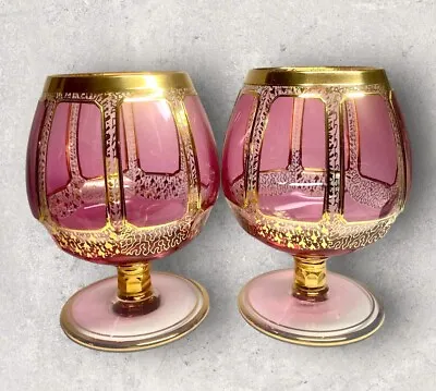 2 Vintage Moser Style Cabochon Cranberry Gold Wine Glasses Goblets Stemware • $124.99