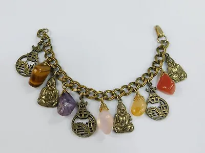 Vintage Chinese Charm Bracelet Semi Precious Stones Buddha Asian Theme 7.5  Long • $34.99