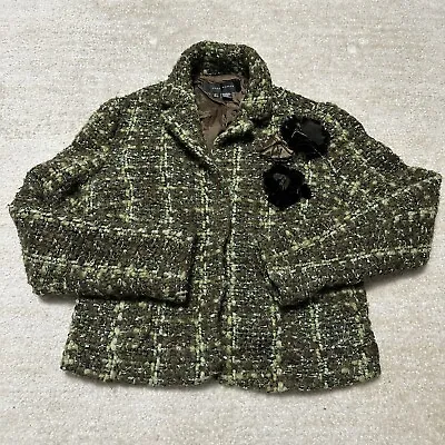 ZARA Woman Sz Large TWEED GREEN WOOL BLEND BLAZER JACKET Flower Accents • $34.99