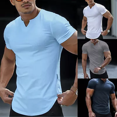 Men V-Neck Henley T-Shirt Tops Short Sleeve Slim Fit Golf Muscle Casual Blouse ☆ • $15.06