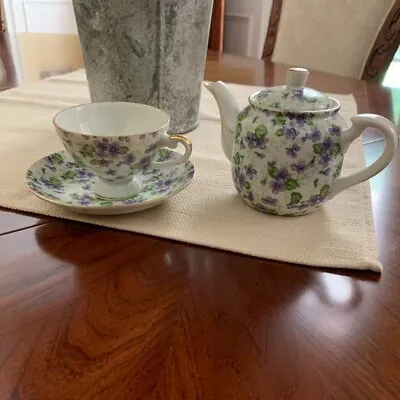 Lefton China Violet Chintz Individual Teapot And Footed Demitasse Cup & Saucer • $50