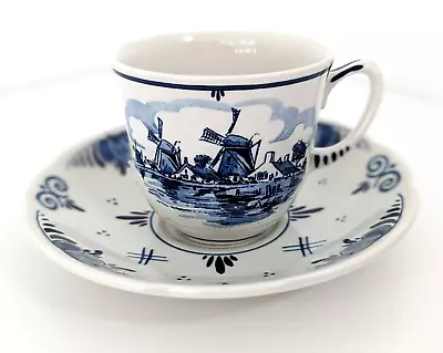 Vintage Hand Painted Royal Goedewaagen Delft Blue Cup & Saucer Holland Windmill • $22