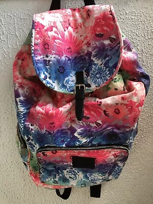 PINK Victoria’s Secret Backpack Book Bag Travel Canvas Floral Pink Blue Green • $21.80