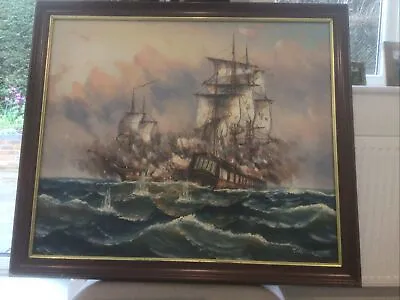 J Harvey Galleon Ships In Battle / OIL On Canvas Signed • £145