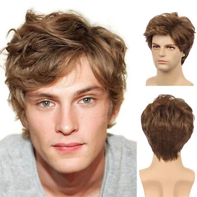 Brown Blond Short Hairstyles Men's Natural Wavy 100% Human Hair Wig 6 Inch • $32.99