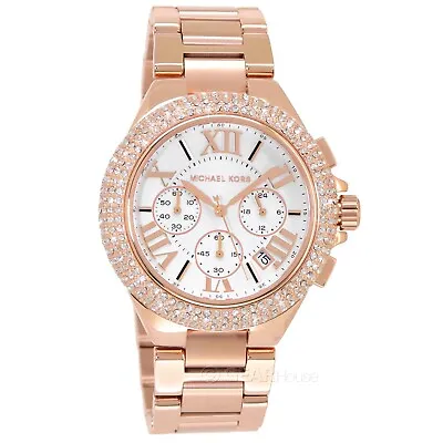 Michael Kors Womens Camille Rose Gold Glitz Watch White Dial Pave Crystals • $116.80