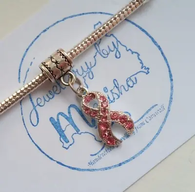 Charm For Bracelet Breast Cancer Awareness Pink Rhinestone Ribbon Jewellery Gift • £4.99