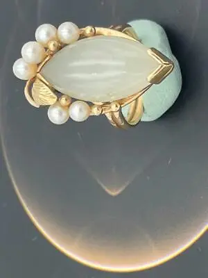 Ming's Hawaii 14kt Gold Translucent White Jade Cultured Pearls Ring • $1995