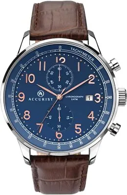 Accurist Mens Watch Blue Dial And Brown Leather Strap 7196 • £44.99