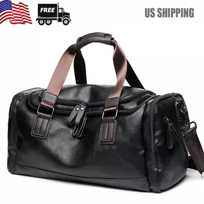 Men Large Leather Travel Gym Bag Weekend Overnight Duffle Bag Handbag Black • $46.45