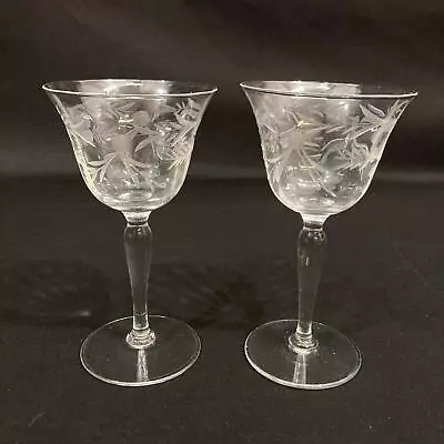 Set Of 2 Etched Crystal Sherry Glasses Floral Pattern • $16.15