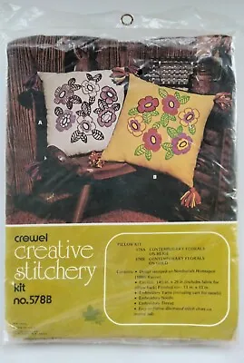 Vtg Crewel Embroidery Pillow Kit Kugel Vogart Mod Flower Gold Homespun 13x13  • $12.99