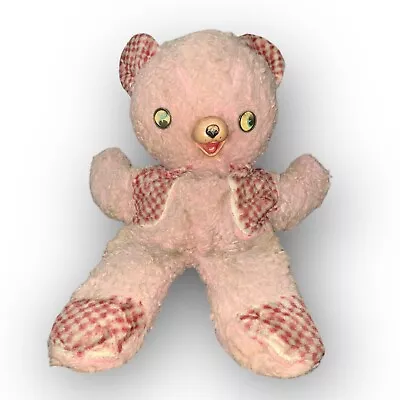 Vintage Teddy Bear Rubber Nose Pink Plaid Lenticular Eyes Very Worn 17” Large • $54.40