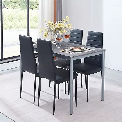 47  Gray Marble MDF Top Dining Table & 4pcs Black Faux Leather Dining Chairs Set • $199.49