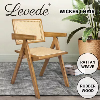 Levede 1x Dining Chair Solid Wood Rattan Armchair Wicker Accent Lounge Chairs • $109.99