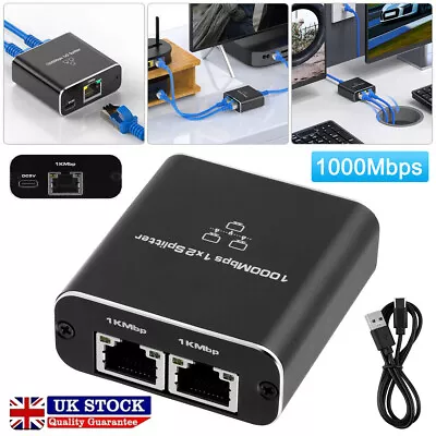 Ethernet Splitter 1 To 2 High Speed 1000Mbps Gigabit Network Switch 2 Port RJ45 • £9.85