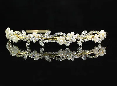 $9.99 • Buy Floral Clear Austrian Rhinestone Crystal Pearl Headband Tiara Bridal -gold