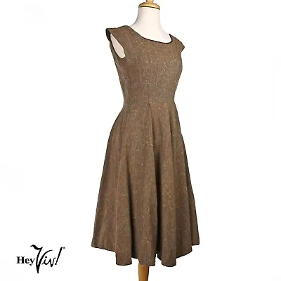 Vintage 50s Full Skirt Dress Brown Nubby W Color Flecks Metal Zip Sz S - Hey Viv • $46.40