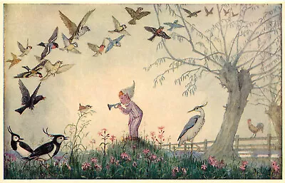 Fantasy Postcard Pk.231 By Molly Brett Dawn Chorus Child Plays Flute For Birds • $13.49