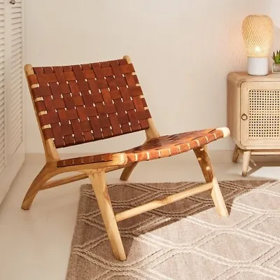 Wood Chair And Braided Leather From Morocco Armchair In Wood And Woven Leather • $580