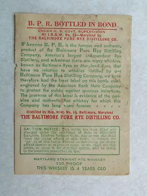 J11 Vintage B. P. R. Whiskey Bottle Label Baltimore Pure Rye Distilling Co • $2.99