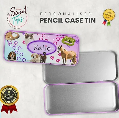 Personalised Name Pet Animals Metal Pencil Case School Kids Stationary Cover • £7.99