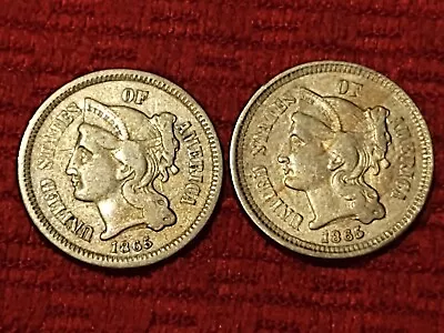 1865 III Cent Nickel Coins(XF And AU+ Details Range) Lot Of Two As Pictured • $5.50