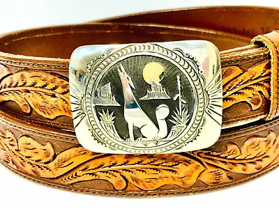 Vintage Artist Signed Sterling Silver Hand Engraved Belt 38 Howling Coyote Moon • $228.45